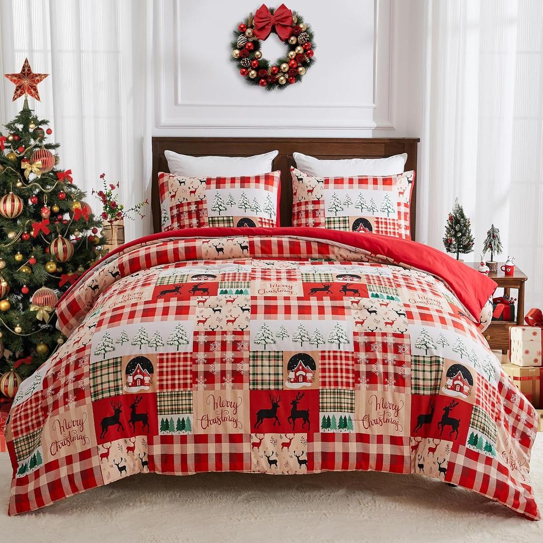 DECMAY Christmas Comforter Set King Size, 3 Pieces Reversible Christmas Bedding Set King, Trees Reindeer Pattern Bed Set with 1 Soft Comforter and 2 Pillow Shams for Winter Holiday