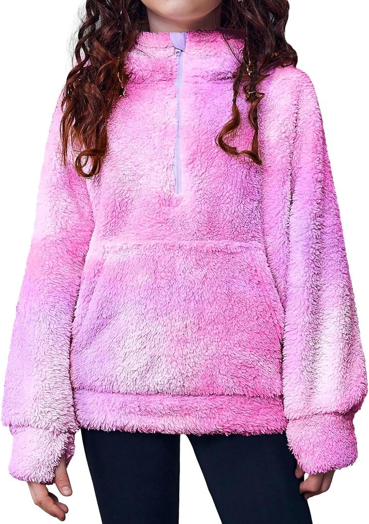 Arshiner Girls Fuzzy Hoodies Half Zip Sherpa Pullover Sweatshirt Fleece Cozy Outwear Coat with Pockets (11-12 Years, Pink Purple)