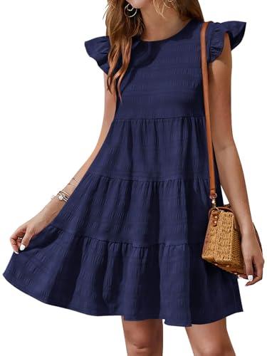 Yousify Summer Dresses for Women 2026 Ruffle Short Sleeve Babydoll Dress for Women Casual Loose Short Mini Navy Blue Dress, L