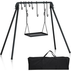 RELIANCER Grill Swing,Campfire Grill Cooking Stand w/8 Hooks & Storage Bag,Cast Iron BBQ Party Swing Grilling Cooking Rack,Outdoor Picnic Camping Cookware Hanging Rack,Collapsible Bonfire Barbecue Set