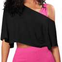 SOLY HUX Women's Off The Shoulder Tee Yoga Workout Crop Top Half Sleeve Asymmetrical Neck Activewear T Shirt (Plain Black), S