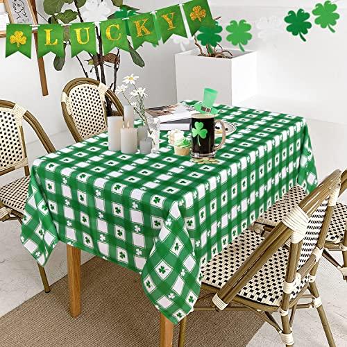 LUSHVIDA St.Patrick's Day Rectangle Table Cloth, 60 x 102 Inch - Shamrock Plaid Patterned Irish Clover Washable Microfiber Tablecloth Decorative Table Covers for Picnic Party, 100% Polyester, 150 GSM