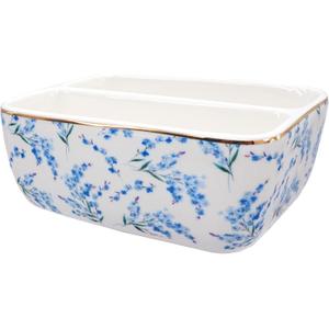 2 Compartments Ceramic Sponge Holder for Kitchen Sink, Cute Floral Countertop Dish Sponges Holder Soap Sink Organizer Farmhouse Caddy Blue Flowers