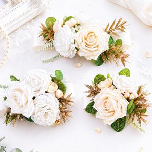 3 PCS Premium Rose Boutonniere & Wrist Corsage, White Champagne Cake Decor Flowers, Silk Floral Picks with Leaves for Wedding, Bridal Shower, Birthday, Baptism Party Decor