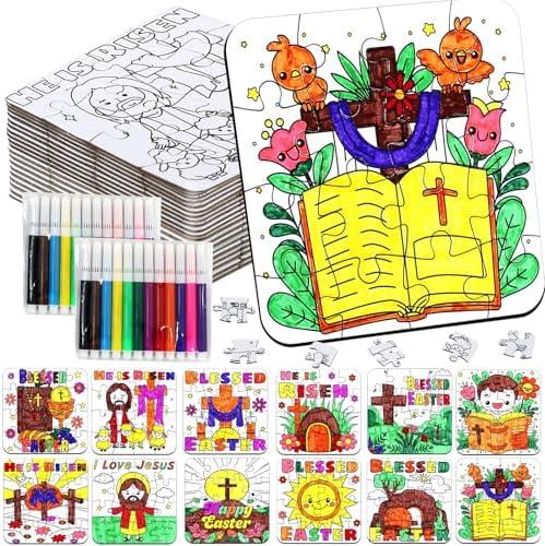 24Pcs Christian Easter Crafts for Kids Ages 4-8, Religious Easter Puzzle Jesus He Is Risen, Bible Jigsaw Arts Gifts for Classroom DIY Activity,  ONLY WHATS IN PICTURE NO CRAYONS ETC ONLY PUZZLES