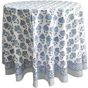 ATOSII Roma Blue 100% Cotton Boho Round Fall Tablecloth, Handblock Floral Print Table Cloth Linen for Kitchen Dining I Parties, Outdoors, Weddings, Christmas, Thanksgiving Decor 72" Inches Diameter