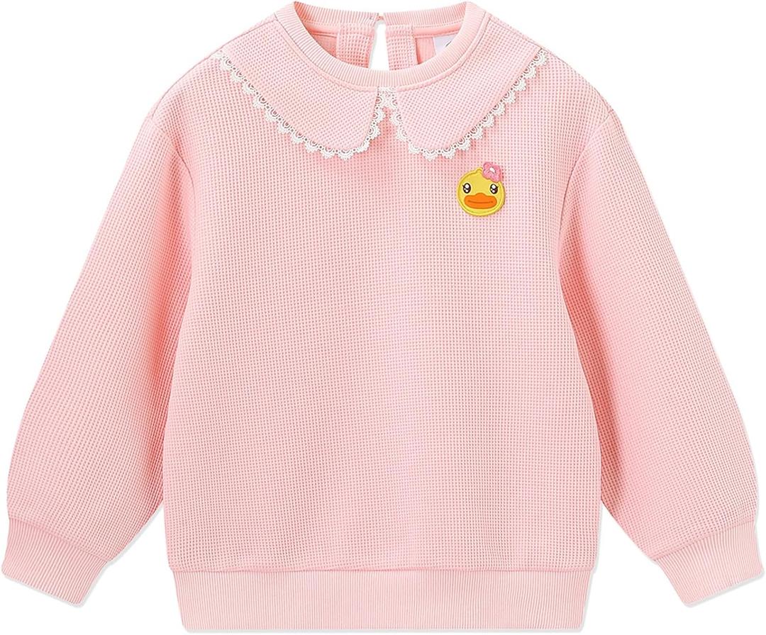 BDUCK+ Girls Boys Sweatshirt Cute Cartoon Yellow Duck Crewneck Pullover for Toddler Kids (3-12 Years) Long Sleeve Shirt Tops (Pink)