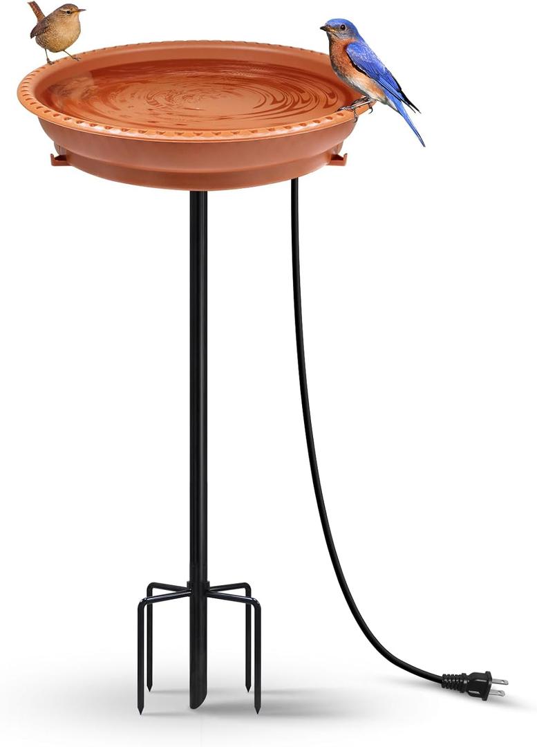 BIRD WISH Heated Bird Bath, Stable 5-Prong Metal Base Thermostat Control Weather Resistance All Seasons Heated Bird Baths for Outdoors for Winter Garden Yard Patio Lawn, Terracotta