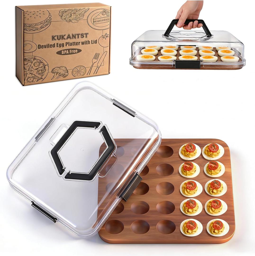 Deviled Egg Containers with Clear Locking Lid(25 Eggs), Deviled Egg Platter with Handle, Wooden Deviled Egg Tray for Party, Potlucks and Kitchen, Reversible Charcuterie Board Cutting Board,Gift Box