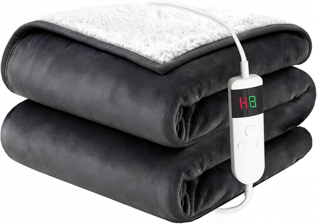 Electric Blanket Heated Throw, Soft Flannel 50"x60" Heating Blanket with 8 Hours Auto Off 10 Fast Heating Levels Machine Washable Sherpa Heated Blanket with Overheating Protection (Gray)
