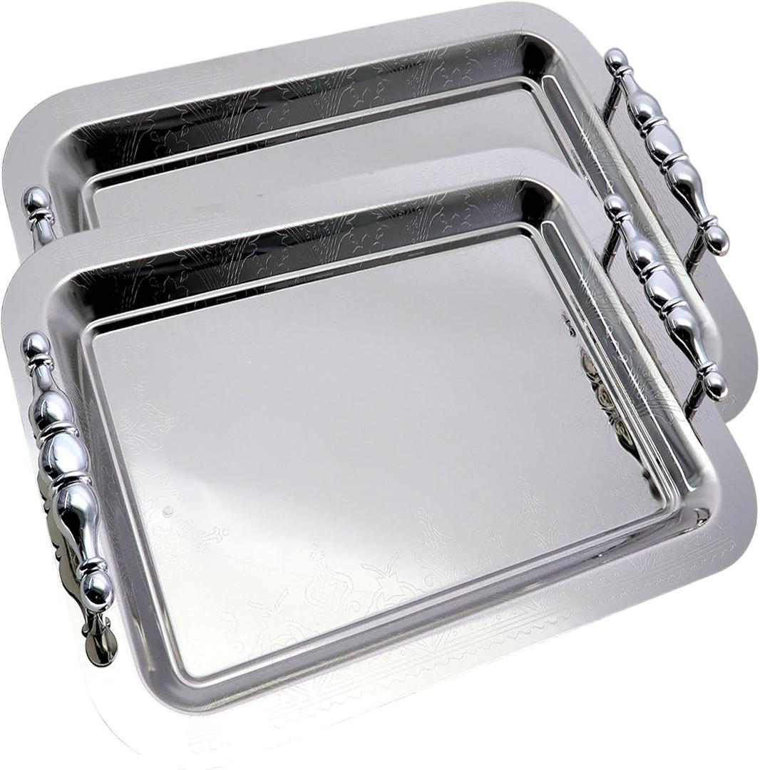 (Pack of 2) 14.2 Inch x 10.2 Inch Oblong Chrome Plated Mirror Serving Tray with Handles Stylish Design Floral Engraved Edge Decorative Party Wedding Buffet Wine Platter Plate