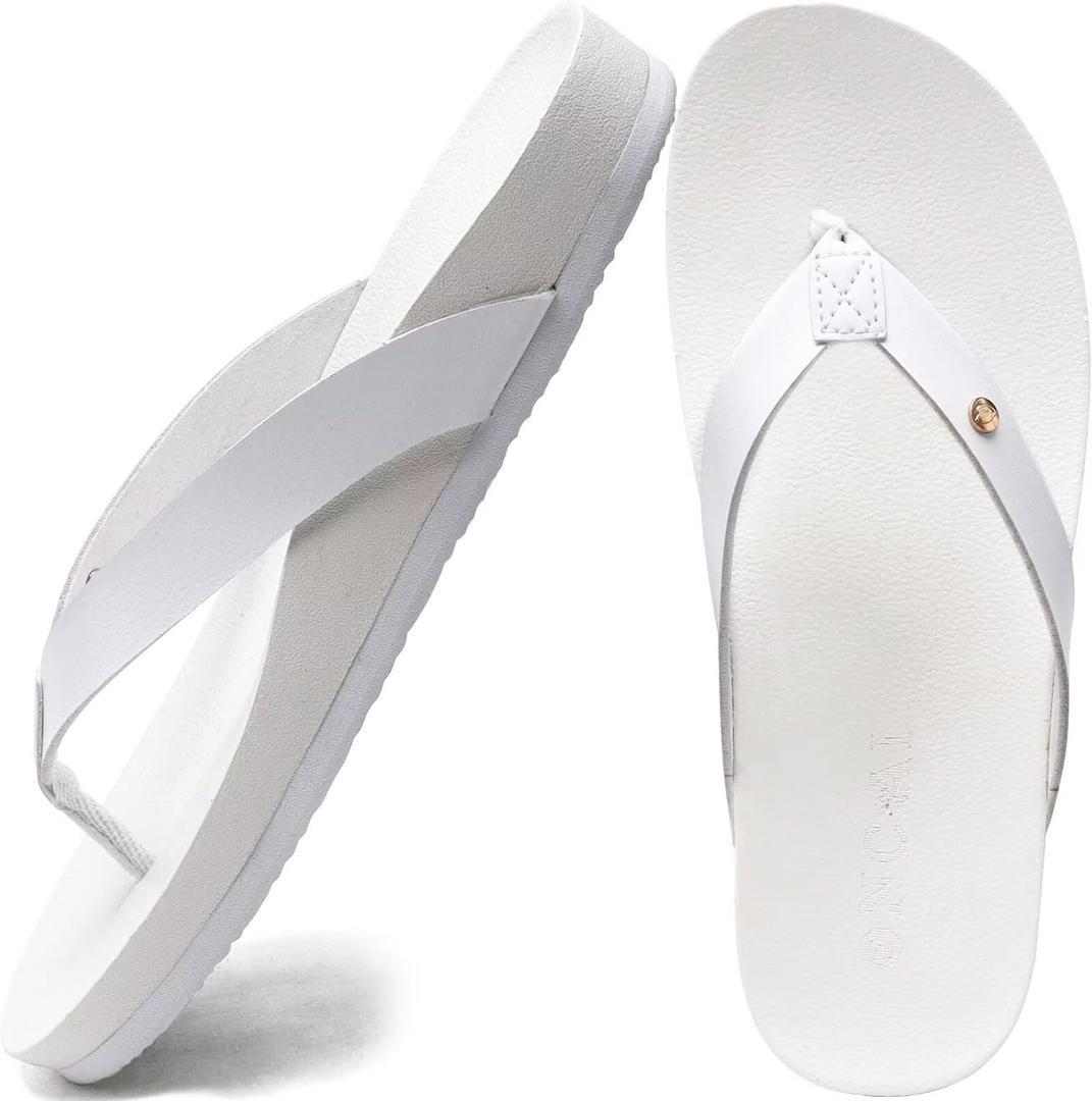 ONCAI Womens Flip Flops For Women Comfortable Leather Strap Yoga Mat Non-Slip Women's Thong Sandal Casual Summer Beach Slippers With Arch Support (6, White)