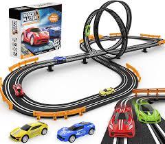 Slot-Car-Race-Track-Sets for Boys Kids, Battery or Electric Race Car Track with 4 High-Speed Slot Cars, Dual Racing Game 2 Hand Controllers Circular Overpass Track, Toys Gifts for 6-8 8-12 Boys Girls
