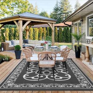 STRICKLANDHOME Outdoor Rug 8 x 10 ft, Reversible Plastic Straw Rug for Patio, Waterproof Large Outdoor Carpet for RV, Patio, Camping, Backyard, Deck, Beach, Grey & White