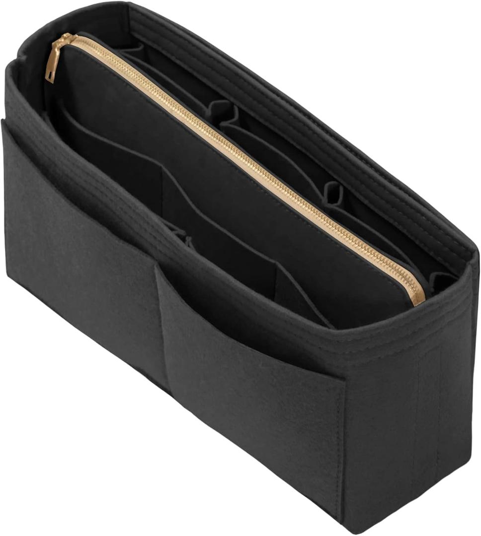 Purse Organizer Insert with Zipper Felt Bag Organizer Handbag Organizer Insert Bag in Bag Organizer with Key Chain for Tote Purse Bag Black Slender-Medium