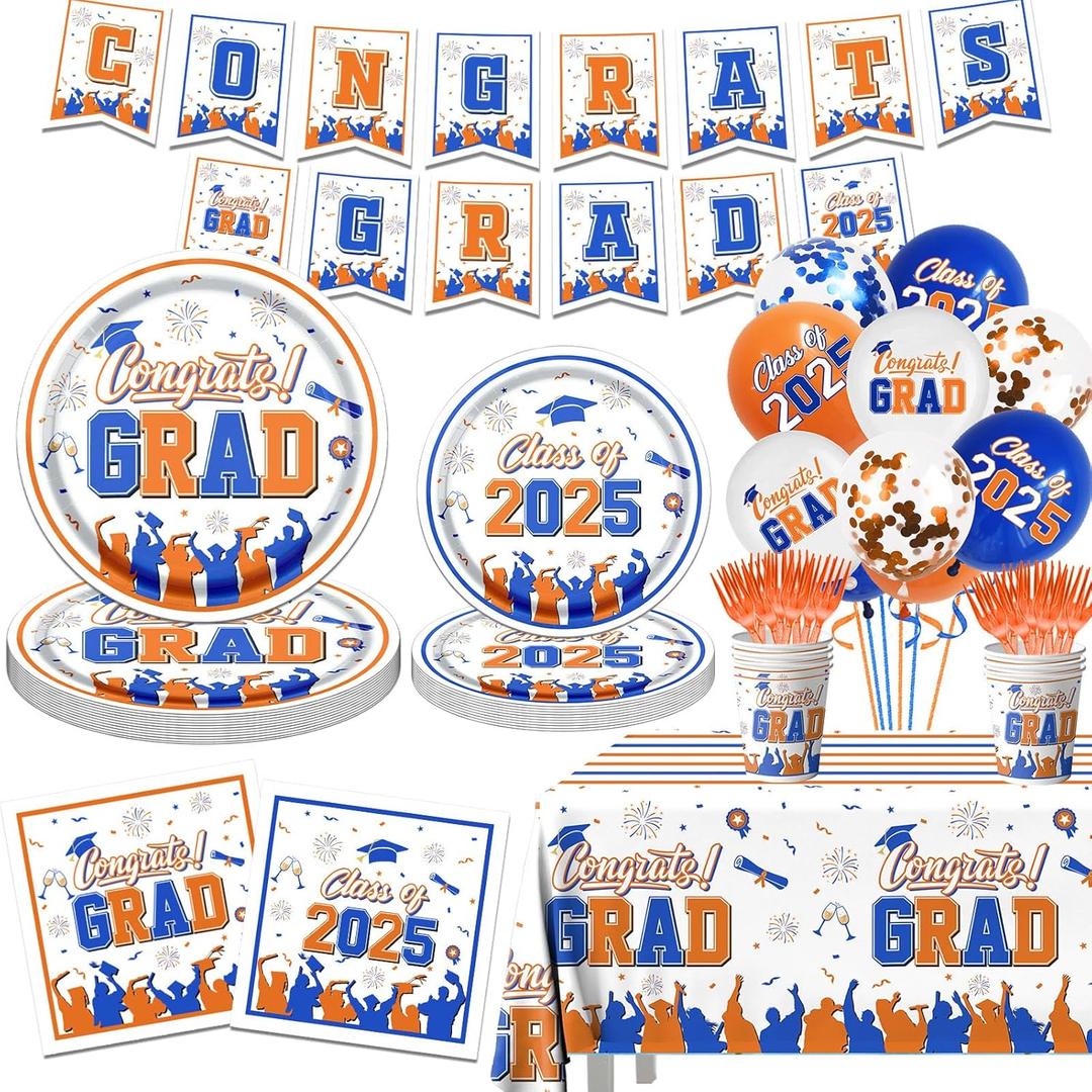 Orange Blue Graduation Decorations 2025, 167Pcs Graduation Plates and Napkins Congrats Grad Cups Tablecloth Banner Balloons for Class of 2025 Grad Decorations (Blue and Orange)
