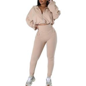 Two Piece Sets for Women Workout Set Crop Top Zipper Long Sleeve High Waist Casual Tracksuit Sweatsuits (X-Large, Khaki)