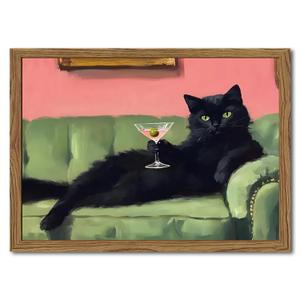 Funny Black Cat Martini Wall Art, Bar Cart Decor, Eclectic Cocktail Painting Canvas Print, Cute Animal Artwork Picture for Bedroom Living Room Kitchen 16x24 inch Wood Framed