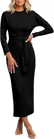 Cicy Bell Womens Long Sleeve Maxi Dress Bodycon Tie Waist Fall Elegant Crew Neck Cocktail Party Dress Medium