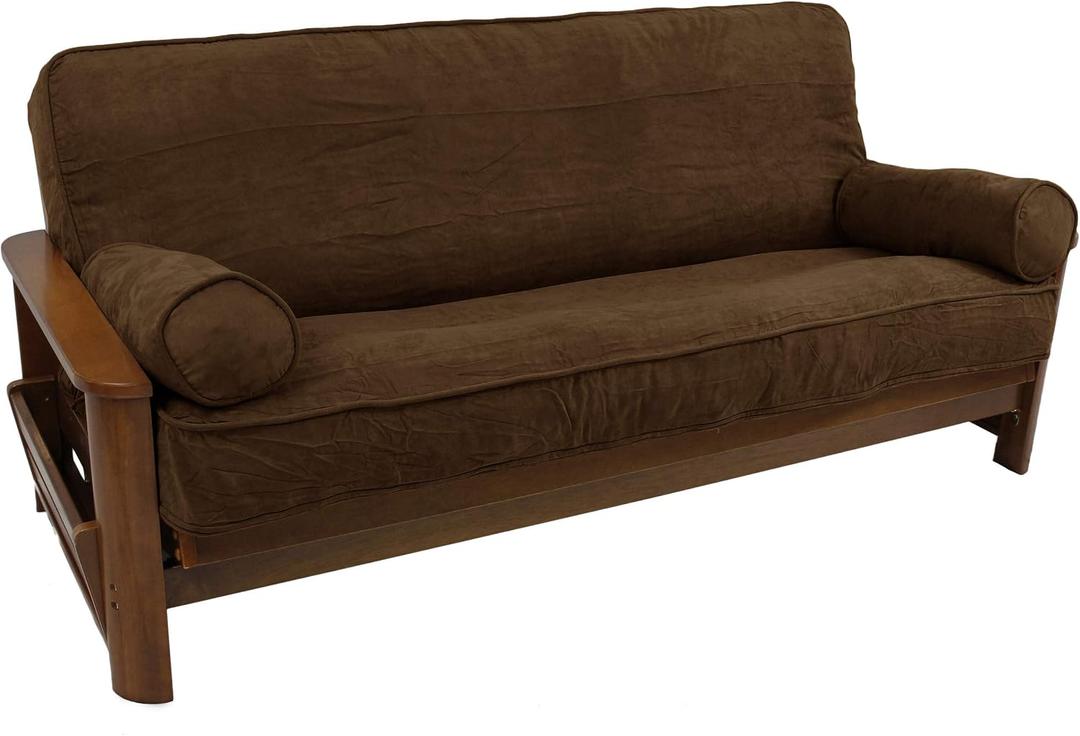 Blazing Needles Solid Microsuede Double Corded 8" to 9" Futon Cover Set with 2 Bolster Pillows (Set of 3), Full, Chocolate