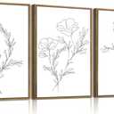 KISSFOX 3 Piece Framed Wall Art Botanical Wall Decor Floral Pictures Wildflower Canvas Art Black White Line Paintings Minimalist Boho Artwork For Bedroom Living Room Bathroom, 16x24 In Natural Framed