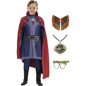 CICOCI Kids Strange Costume Cosplay Dr Cape Jumpsuit Ring Props with Magic Power Necklace(size 130) (L for height 47-51", Blue)