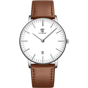 L LAVAREDO Watch for Men, Extremely Thin Mens Watches Minimalist Analog Men's Leather Wrist Watches with Time/Date, Birthday Gift for Men Boyfriend (05-BrownWhite)