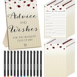 113 Pcs Class of 2025 Graduation Party Favors Include 1 Advice and Wishes Wooden Sign 100 Graduation Advice Cards with 12 Fineliner Ink Pens for the Graduate Class of 2025(Red)