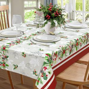 Christmas Red Poinsettia Flower Tablecloth, Merry Christmas Table Cloth Waterproof, Winter Christmas Xmas Kitchen Table Decor for Dining Holiday Party 60x84 Inch Rectangle