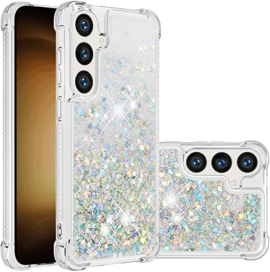 Case for Samsung Galaxy S24 Case Glitter Liquid Cute Clear Phone Case Floating Quicksand Shockproof Protective Bumper Soft TPU Case for Samsung Galaxy S24 Love Sliver YB