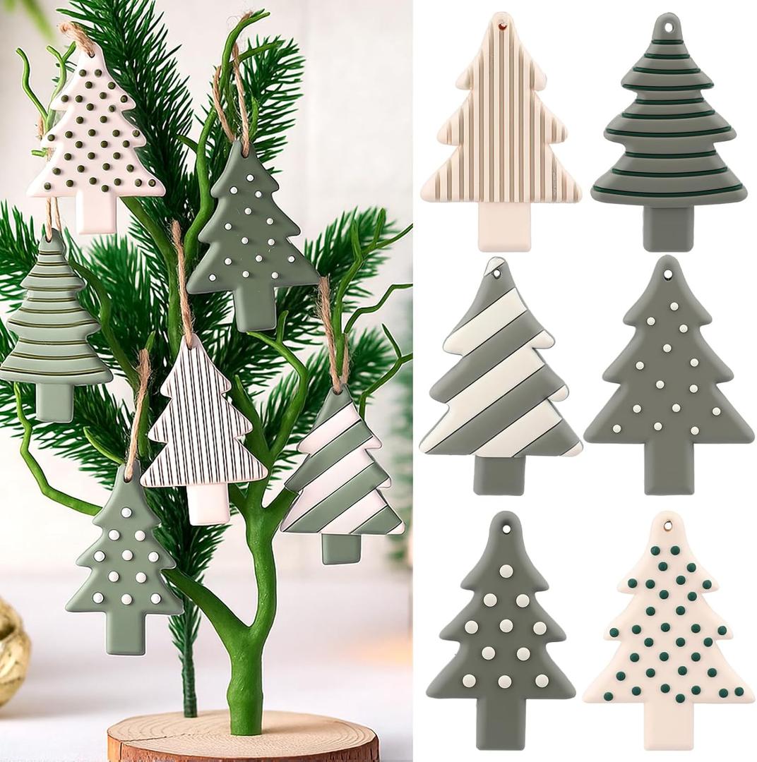 Sosation 24 Pcs Neutral Christmas Tree Ornaments 3.15 inch Sage Green Hanging Decorations Boho Modern Silicone Christmas Ornaments with Ropes for Xmas Tree Winter Crafts