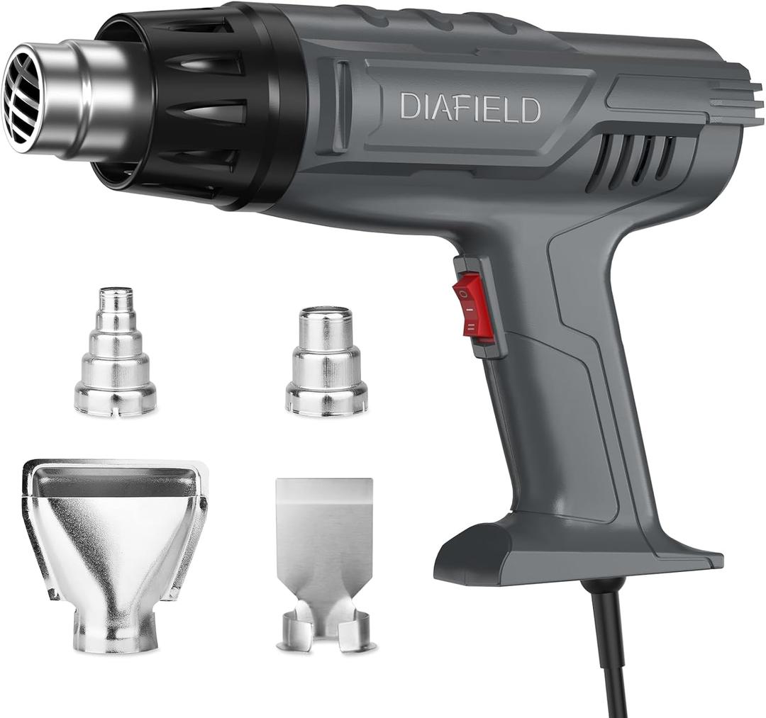 DIAFIELD 1850W Heat Gun, Dual Temperature Settings, AUTOXEL Fast Heat Hot Air Gun, Durable& Overload Protection, with 4 Nozzles for Shrink Wrap, Vinyl, Crafts, Epoxy Resin (Normal Size)