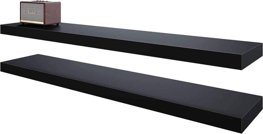 BAMEOS 47in Floating Shelves, Black Wall Mounted Wooden Shelves with Invisible Brackets Set of 2