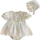 Baby Girl Floral Romper, Long Sleeve Lace Dress Bodysuit with Bonnet, Princess Style Outfit for Newborn and Infant, (Short-Sleeve Beige, 9-12 Months)