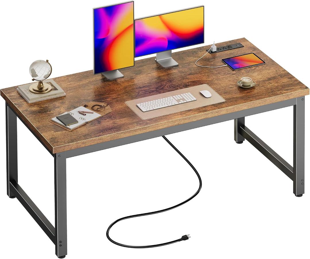 Huuger 55 x 24 inch Desk with Power Outlets & USB-C, Deeper & Thicker Desktop, Robust Metal Tubes, Computer Desk, Heavy Duty Office Desk, Work Gaming Desk for Home Office, Rustic Brown, 54*24 inch