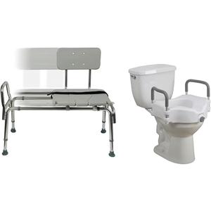 DMI Tub Transfer Bench and Shower Chair with Non Slip Aluminum Body, FSA Eligible & Drive Medical RTL12027RA 2-in-1 Raised Toilet Seat with Removable Padded Arms, Standard Seat