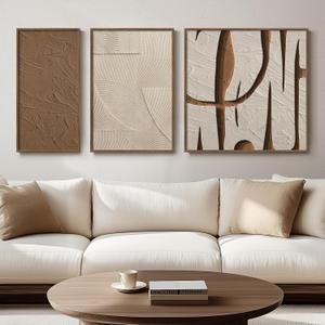Framed Brown Neutral Abstract Wall Art, Set of 3 Modern 2D Canvas Prints for Walls, Minimalist Abstract Lines Premium Print Pictures for Living Room Dining Room Bedroom Hallway Office Wall Decor (24" H x 52" WFramed, Abstract Brown)