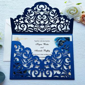 5.1 x7.1 inch 50PCS Navy Blue Flora Laser Cut Wedding invitation Pocket with Envelopes Wedding Invitations Kit for Quinceanera Bridal Shower Party Invite