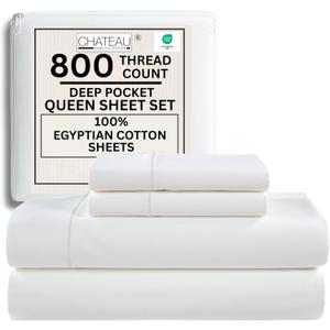 100% Egyptian Cotton Sheets Queen Size Bed Set, Deep Pocket Queen Sheet set, 800 Thread Count Cotton Bed Sheets, Naturally Cool Soft Breathable No Pill Elasticated Luxury White Bedding For All Seasons