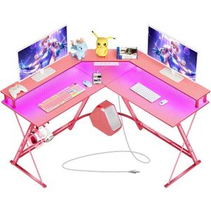 SEVEN WARRIOR Gaming Desk 50.4 with LED Light & Power Outlets, L-Shaped Gaming Desk Carbon Fiber Surface with Monitor Stand, Ergonomic Gamer Table with Headphone Hook, Pink