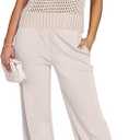 ANRABESS Women Two Piece Outfits Crochet Sheer Knit Sweater Top Wide Leg Pants Lounge Matching Sets Sweatsuit Travel Clothes S