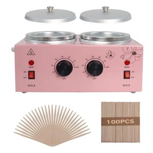 Wax Warmer Double Pot, Professional Electric Heater for Facial, Body, Spa, and Salon, 1.2L Dual Adjustable Temperature with 100 Wooden Craft Sticks, Hair Removal (Pink)