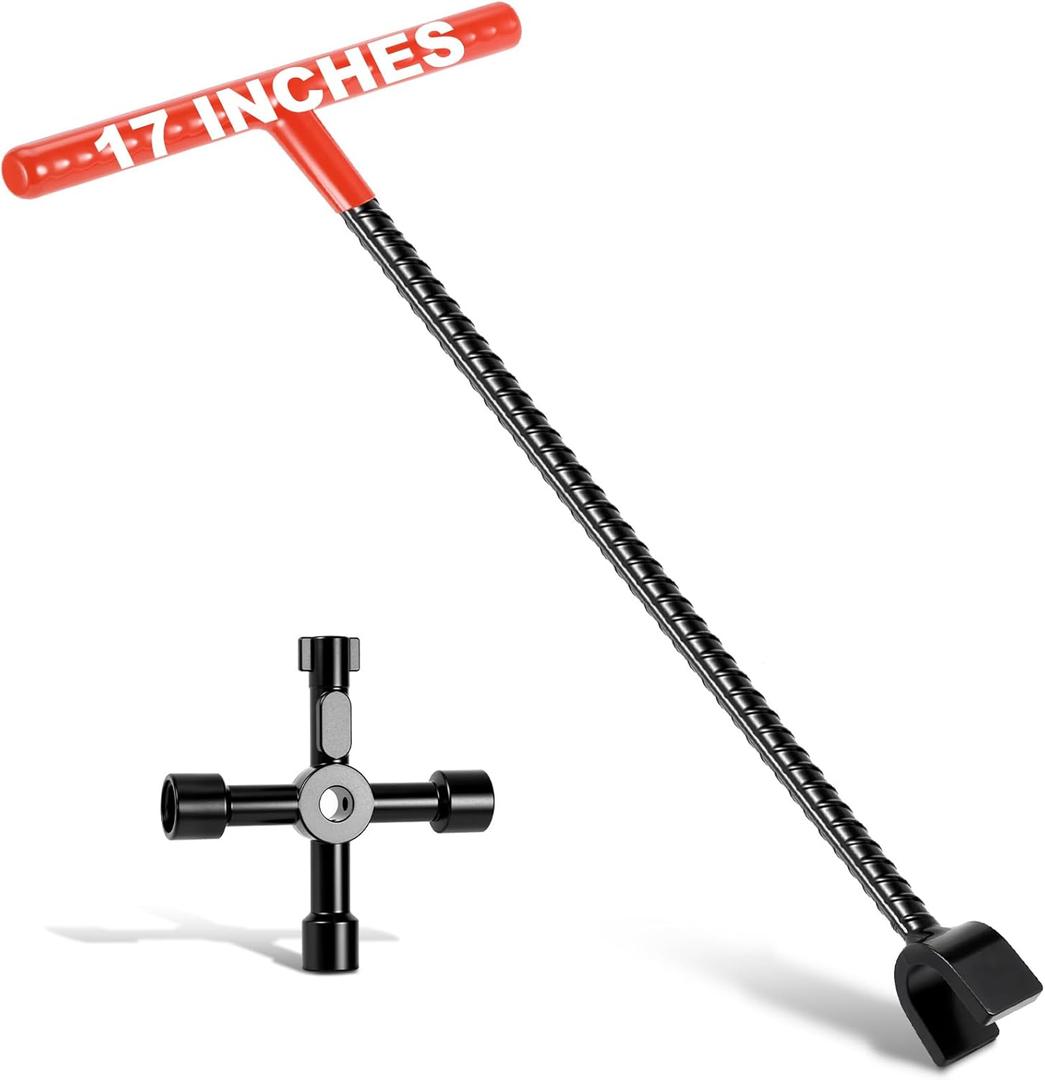 17 In Professional Water Meter Key Shut off Tool with 4-Way Utility Keys, Sturdy Water Meter Keys, Wrench T-handle & U-Head for Curb Main and Water Meters, Underground Stop/Waste Valves