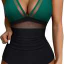 SUUKSESS Women Sexy Mesh Tummy Control Swimsuit Push Up High Waisted Bathing Suit (10 Green Black, XL)