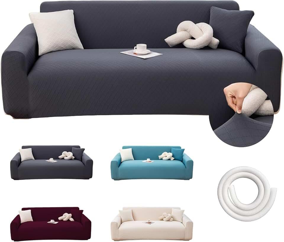 Stretch Couch Cover for 3 Cushion Sofa, Fits 74–90 Inch Couch, Thick Jacquard Waffle Fabric Slipcover, Washable Pet Friendly Furniture Protector with Elastic Bottom, Dark Gray, 3 Seats