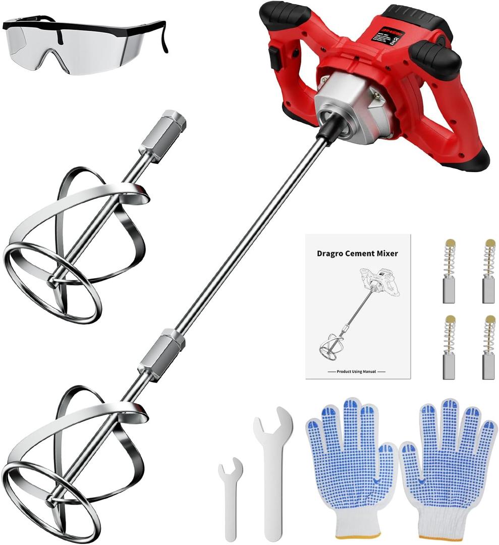 Electric Cement Mixer, 2100W Handheld Concrete Mixer with 6 SpeedPortable Mortar Mixers for Mixing Mud, Mortar, Plaster,Cement, Paint, Fodder2 Pieces Mixing Heads