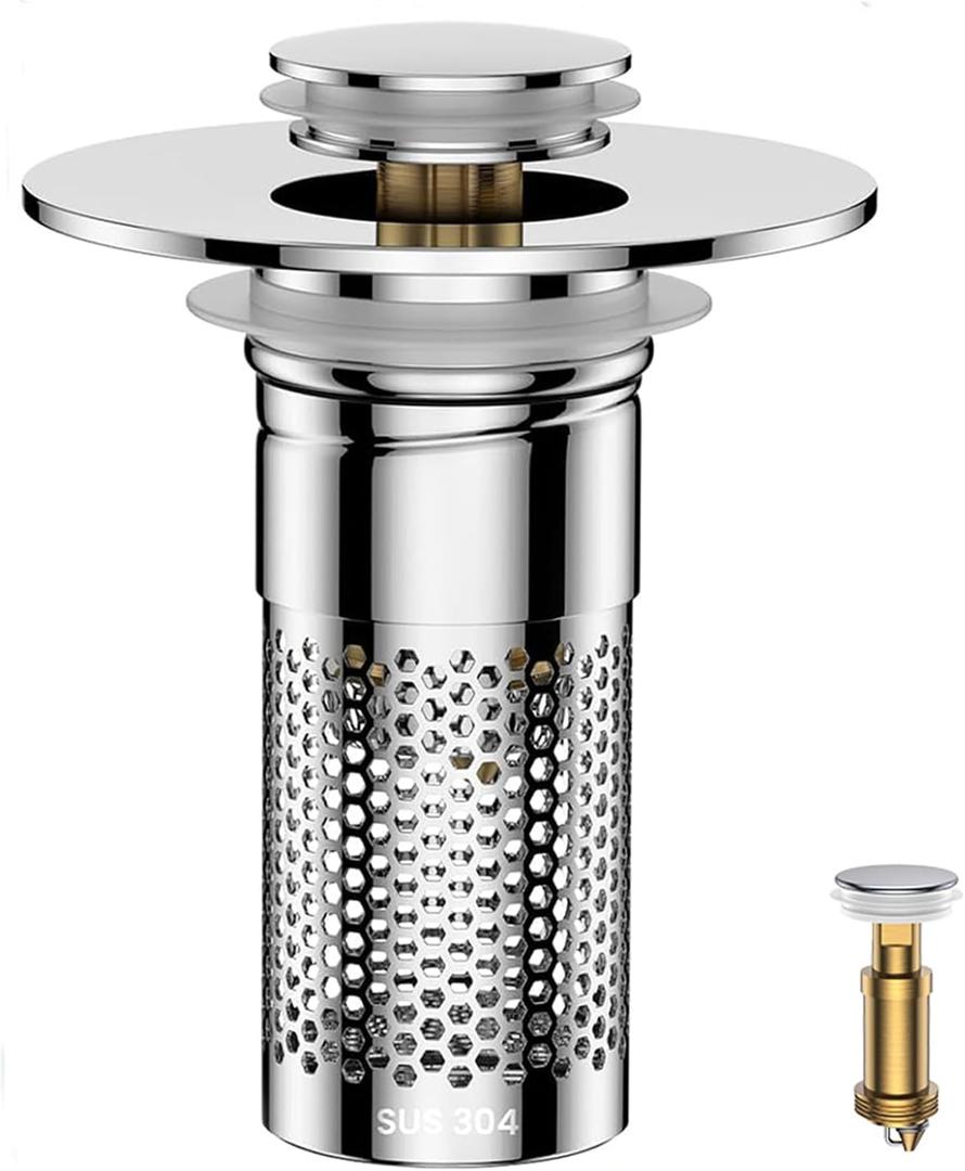 Bathroom Sink Drain Strainer,Universal Pop-Up Sink Stopper Hair Catcher, Anti-Clog Stainless Steel Drain Filter Basket, Removable Sink Drain for Bathroom Sink Stopper (Silver)