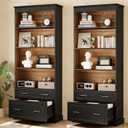 LITTLE TREE 72" Tall Black Bookcase, 5-Tier Office Bookself with File Cabinet Drawers,Modern Floor Standing Storage Filing Cabinet Book Shelf for Living Room,Bedroom(1 Piece,Black)