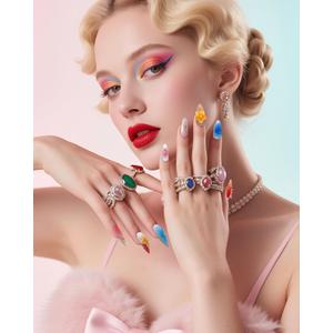 2 x French Tip Almond Press On Nails Long - Handmade 3D Pink Blue Design with Jelly Glue | Reusable Fake Nails for Women Daily (10Pcs M)