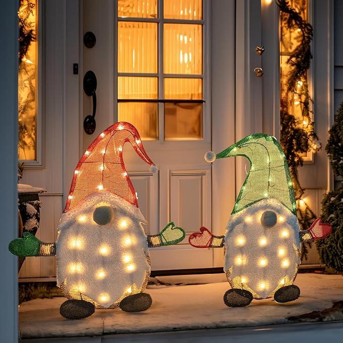Set of 2 Lighted Christmas Gnomes Decorations, 50L 2 FT Stack-able Gnome Christmas Decor for Indoor Outdoor Festive Xmas Holiday Garden Yard Lawn